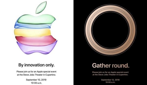올해 애플 스페셜 이벤트 초대장(왼쪽)과 2018년 초대장. 올해는 다양한 색상을 활용했고, 애플 로고를 이용해 제품에 포커스를 맞췄다는 점을 암시했다. /애플 제공
