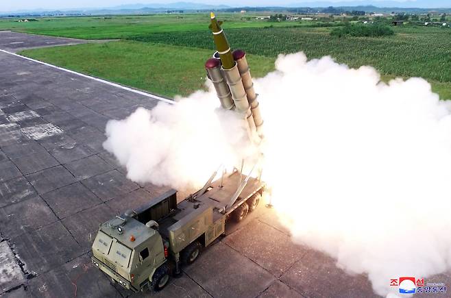A missile is fired during the test of a multiple rocket launcher in this undated photo released on Aug. 25. (Yonhap)
