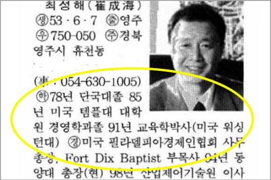 2001년 발간된 ‘한국인명사전’에 기재된 최성해 동양대 총장의 이력이 알려진 것과 크게 다르게 기재돼 있다. 이종걸 더불어민주당 의원은 최 총장이 고의적으로 허위 학력을 기재했다고 주장하고 있다. 이 의원 페이스북 캡처