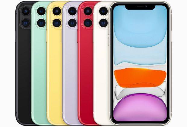 애플 아이폰11 후면에 듀얼 카메라가 탑재됐다. 왼쪽부터 블랙, 그린, 옐로우, 퍼플, 레드, 화이트 색상.(사진=애플)