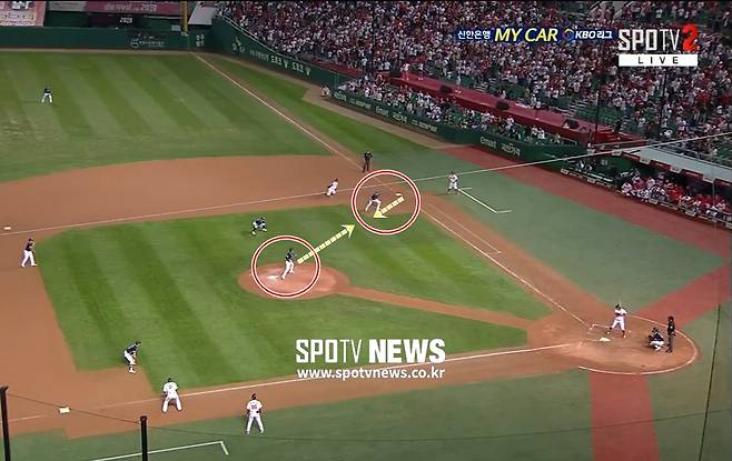 ▲ 두산 배영수가 1루로 견제구를 던지려는 순간, 두산 내야진들이 모두 전진수비를 하고 있다. 1루수 오재일도 베이스에서 옆으로 한참 떨어져 전진수비를 펼치고 있다. ⓒSPOTV2 중계화면 캡처