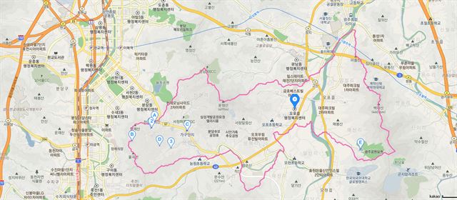 경기 광주시 오포읍 경계선(분홍색) 중 왼쪽은 성남시 분당구와 인접해 있는 신현리다. 인터넷 다음지도 캡처