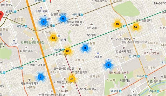 1년간 판결문을 통해 확인한 서울 강남 지역 성매매 오피스텔 분포지도. 선릉역과 강남역 인근에 특히 많이 위치한다. 정확한 주소지를 공개할 경우 선의의 피해가 있을 수 있어서, 주요 이정표를 중심으로 주변에 있는 성매매 오피스텔 개수를 모아서 숫자로 표시했다.