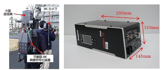 NHK가 올 5월 공개한 8K 무선 카메라(왼쪽)와 소형 송신기(오른쪽).