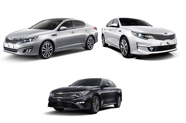 역대 K5. 왼쪽 위부터 1세대, 2세대, 2세대 페이스리프트 모델. ⓒ기아자동차