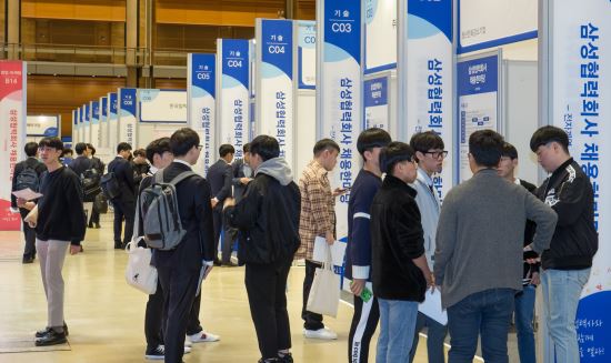 구직자들이 15일 서울 코엑스에서 열린 ‘2019 삼성 협력회사 채용 한마당’에서 기업들의 부스를 둘러보고 있다. 삼성전자 제공