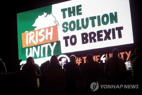 브렉시트에 반대하는 시위자들이 16일 저녁 아일랜드 북아일랜드 국경 지역에서 아일랜드 통합을 요구하며 시위를 벌이고 있다. [AFP=연합뉴스]