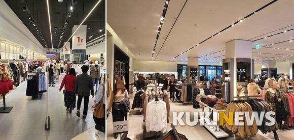 사진=24일오후 1시 잠실 롯데월드몰점 내 에잇세컨즈(좌), 자라(우) 매장 내부 사진.