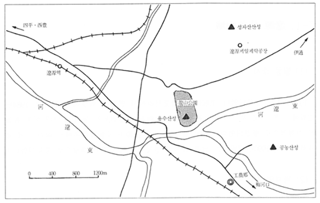 요원시 용수산성, 공농산성, 성자산산성의 분포도./ 여호규, `高句麗 城Ⅱ`(1999, 국방군사연구소)에서 인용함.