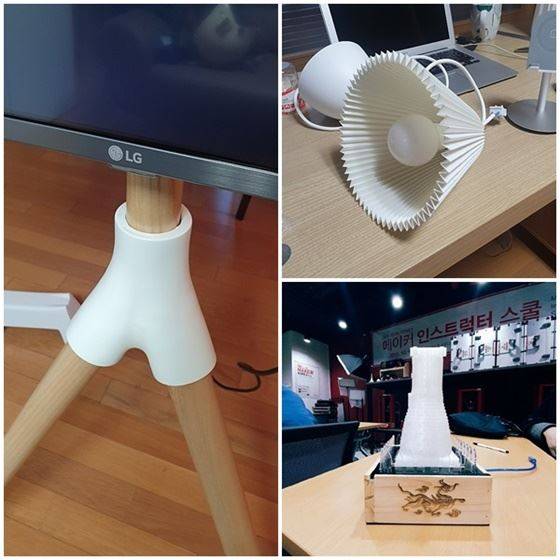 (왼쪽부터 시계방향) 최수진씨가 직접 모델링을 해서 3D프린터로 만든 TV 받침대와 조명 갓이다. 3D프린터 제품과 나무나 조명 등을 결합해 생활용품을 제작했다. 장승훈씨가 3D프린터 교육프로그램을 들으면서 조원들과 함께 첨성대 모양의 전등을 3D프린터로 출력하고 목공 작업을 해 받침대를 더했다. 장승훈ㆍ최수진씨 제공