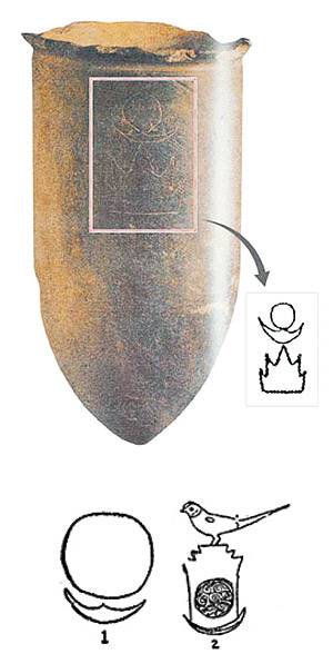 <그림 3> 고조선 두 번째 이주민 소호족의 산동반도에서 출토된 ‘아사달’ 문양의 토기. <그림 5> 양저문화 유적 출토 옥기에 새겨진 ‘아사달’ 문양과 소호족 상징인 ‘새’.