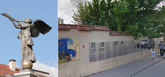 우주피스 지역의 광장에 서있는 우주피스 천사상(좌). 광장에 연결된 파우피오스 거리의 담벽에 우주피스공화국 국기와 헌법을 걸어놨다(우). 사진=(좌) Wikipedia, (우) Google