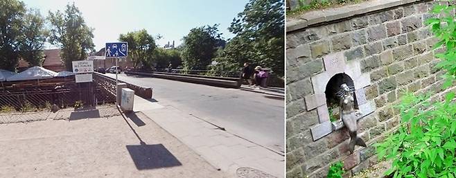 마리오니스거리의 정교회 옆에 있는 다리에는 우주피스공화국의 표지가 서있다(좌). 다리 왼쪽 강변의 축대 틈새에 설치한 우주피스 인어(우). 사진=(좌)Wikipedia, (우)우주피스 관광안내 홈페이지