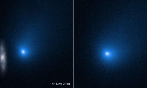 허블우주망원경이 포착한 보리소프 혜성 왼쪽은 11월 16일 지구에서 약 3억2천480만㎞ 떨어진 곳에서 찍힌 사진으로 나선 은하(2MASX J10500165-0152029)가 함께 찍혀 있다. 보리소프의 오른쪽 윗부분이 핵에서 나오는 먼지 등으로 된 꼬리다. 오른쪽은 태양 근일점을 지난 직후인 지난 9일 찍은 이미지.  [NASA, ESA/D.주윗(UCLA) 제공]