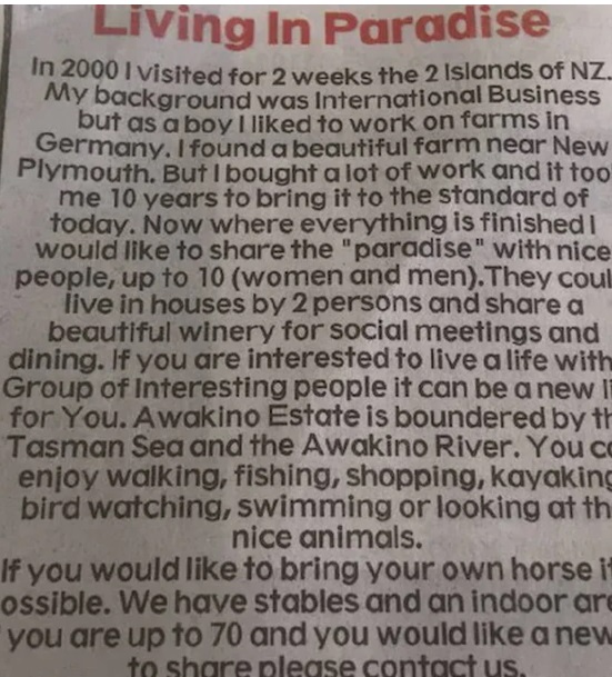 '낙원에서 무료로 함께 살자'는 독일 백만장자의 신문 광고. / 사진 = 뉴질랜드해럴드