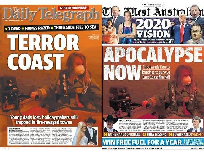 호주 산불을 피해 피난길에 오른 11살 어린이가 보트의 조종간을 쥐고있는 사진이 호주 일간지 표지를 장식했다. (사진=The Daily Telegraph(좌), The West Australian(우) 캡처)