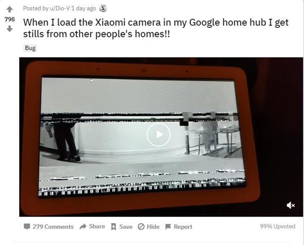 한 커뮤니티 유저가 자신의 ‘구글 네스트 허브’에 접속할 때마다 계속 다른 가정의 카메라 화면이 보인다며 업로드한 글. 레딧 캡처