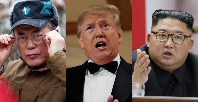 왼쪽부터 2020년 1월 1일 산행에 나선 문재인 대통령, 전해 12월 31일 언론에 발언하는 트럼프 대통령, 12월 31일 전원회의 지도하는 김정은./연합뉴스