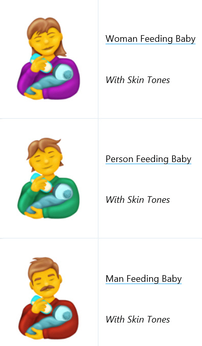 아이에게 우유를 먹이는 모습을 표현한 이모지는 ‘여성’ ‘사람’ ‘남성’ 세가지 버전으로 발표됐다.ⓒ 2020 Emojipedia