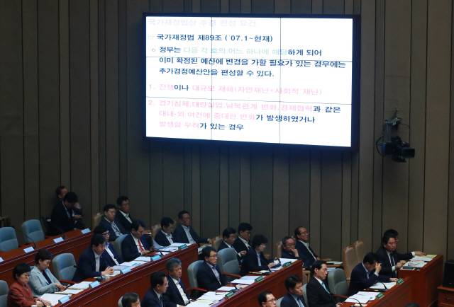 문재인 정부 출범 첫해인 2017년 7월 일자리 추경은 적법성 여부를 두고 정치권에서 논란이 일었다. 김광림 자유한국당 의원이 “추경 요건에 해당하지 않는다”고 발언하는 동안 국회 벽에 걸린 스크린에 추경의 법적 요건을 설명하는 문구가 나오고 있다. /연합뉴스