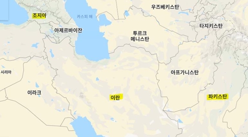 이란 주변 국가들과 코로나19 첫 환자가 발생한 조지아와 파키스탄 [구글 지도 캡처]