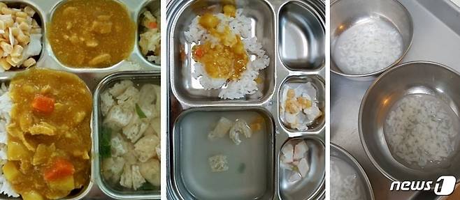 충북 청주 청원구 한 어린이집에서 학부모들에게 보낸 식단 사진(왼쪽)과 실제 제공된 식단(가운데), 원아들에게 간식으로 제공된 죽 사진(오른쪽). (인터넷 커뮤니티 갈무리). © 뉴스1