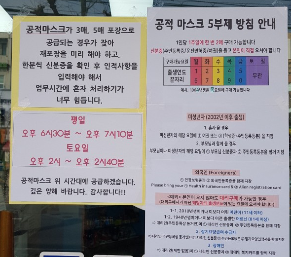 13일 서울시 구로구 소재 한 약국 앞에 마사크를 오후 6시 반 이후 판매한다는 공지가 붙었다. /사진=정한결 기자.
