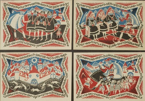 제1차 세계대전이 끝난 뒤 막대한 전쟁 배상금을 갚기 위해 독일이 긴급 발행한 1920년대 화폐. 동화 ‘하멜른의 피리 부는 사나이’의 주요 장면이 그려져 있다. 피리 부는 사나이는 흑사병의 공포를 묘사했다.