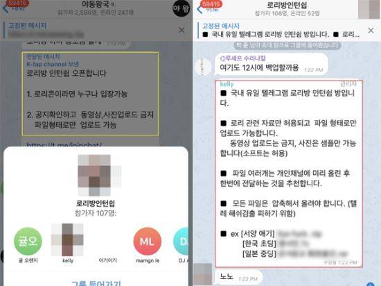 지난해 2월 텔레그램 n번방 중 일부를 ‘갓갓’에게 물려받은 ‘켈리’ 신씨가 아동 성착취물만 취급하던 ‘로리방인턴쉽’이라는 단체대화방을 별도로 운영하던 모습. 화면 캡처