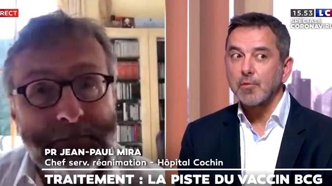 장 폴 미라 파리 코친병원 집중치료실장(오른쪽)이 지난 1일(현지시간) 프랑스 뉴스방송채널 LCI의 토론프로그램에서 “아프리카에서 성매매 여성을 대상으로 에이즈 시약 연구를 한 사례가 있다”며 “마스크, 의약품, 집중치료실이 없는 아프리카에서 코로나19 백신 테스트를 하자”고 제안했다. 카밀 로히트 프랑스 국립보건연구소장도 맞장구를 쳤고, 이들의 제안은 여론의 뭇매를 맞았다. |LCI방송화면 갈무리