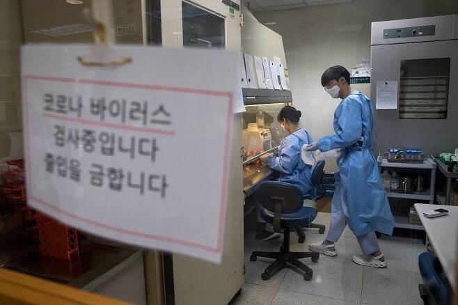 ⓒ시사IN 조남진연세대 의대 세브란스병원 검사실에서 임상병리사들이 코로나19 검체에서 핵산을 추출하고 있다.