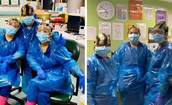 영국 런던 노스윅파크 병원에서 코로나 환자들을 돌보는 간호사들이 쓰레기봉투와 스키 고글 등을 착용하고 있다. 이들은 지난달 영국 언론에 이 사진을 공개하며 "의료진에게 의료 장비가 지금 당장 필요하다"고 했다. /텔레그래프