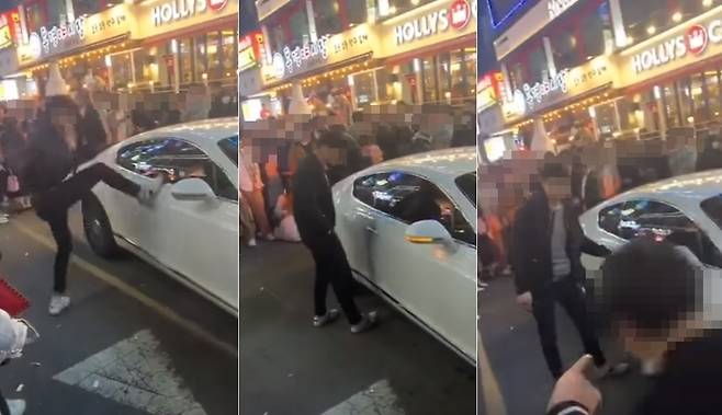 술에 취한 남성이 고가 외제차인 벤틀리에 발길질을 하는 영상이 퍼지고 있다. 페이스북 영상 갈무리 © 뉴스1