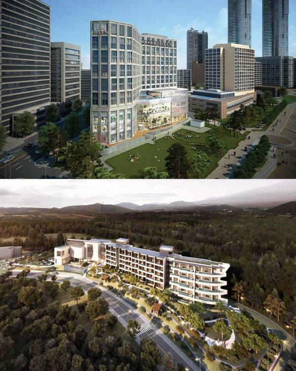 부산 해운대(위)와 제주 중문단지(아래)에 들어서는 그랜드 조선 호텔 조감도.