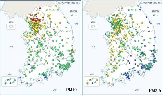 11시 기준 미세먼지(PM10), 초미세먼지(PM2.5) 농도 분포. 북서쪽에서 들어오는 황사의 영향으로 경기 북북부지역부터 PM10 농도가 올라가고, 서풍을 타고 들어온 국외 미세먼지는 서쪽 지역을 거쳐 동쪽으로 이동하는 모습을 보인다. 자료 국립환경과학원