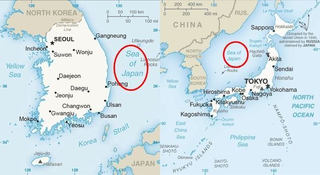 반크는 CIA 국가정보 소개 홈페이지에 올라온 한국지도(왼쪽)에는 독도 부분의 경계까지만 그려져 있는 반면, 일본은 바다 영역이 자세하게 표시돼 있다고 지적했다. 동해 또한 일본해로 표기돼 있다. CIA 홈페이지