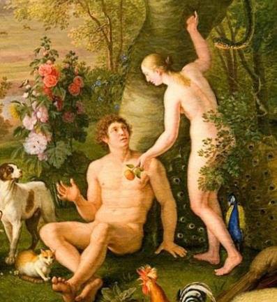 신이 먹지말라고 금지한 선악과를 따서 이브가 아담에게 건네고 있다.