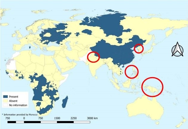 세계동물보건기구(OIE) 아프리카돼지열병 보고서에서 2016~18년 발병 지역을 표시한 지도. 빨간색 원으로 표시된 지역이 추가 확산된 곳이다.
