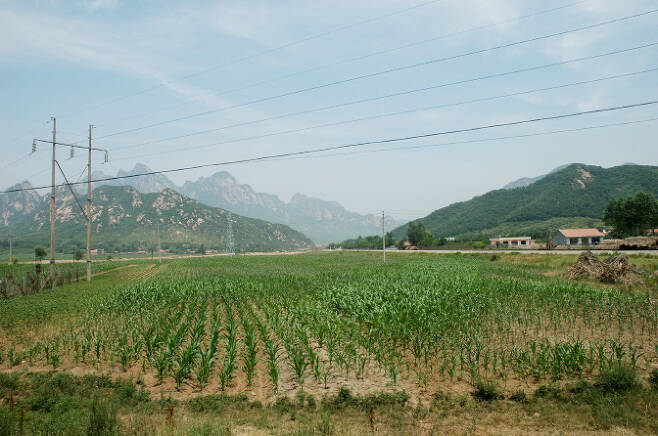 봉성의 봉황산성 : 왼쪽의 봉황산과 오른쪽의 고려산이 만나는 계곡 입구가 봉황산성의 남문지이다. /사진=필자