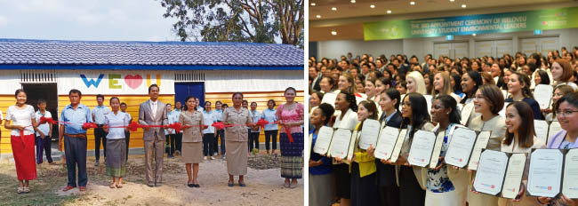 위러브유가 캄보디아 트로르페앙벵초등학교의 교실과 도서실 바닥, 지붕, 외관을 깨끗하게 수리하며 교육환경을 개선했다(왼쪽). 환경리더로 위촉된 각국 대학생들이 환하게 웃고 있다.