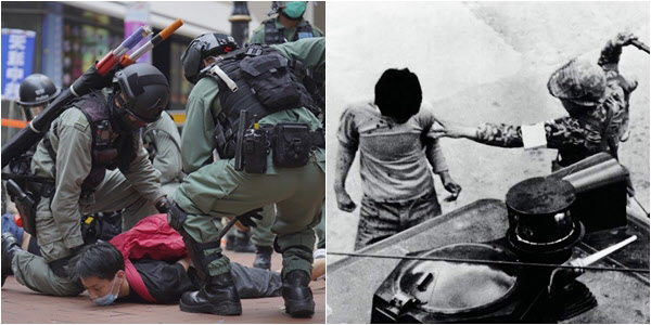 지난 24일 홍콩 보안법 반대 시위를 하던 홍콩 시민이 무장 경찰에 연행되는 모습(왼쪽)과 5.18 민주화 운동 당시 곤봉을 든 공수부대원에게 폭행당하는 시민./연합뉴스 등