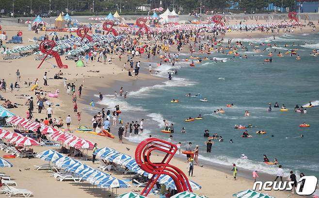 부산 해운대해수욕장을 찾은 관광객들이 물놀이를 즐기고 있다. 2019.7.12/뉴스1 © News1 여주연 기자