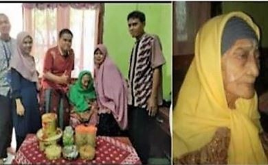 인도네시아의 최고령 코로나19 회복 환자로 기록된 캄틴(오른쪽 사진) 할머니와 할머니의 완치를 기뻐하는 가족들. 안타라통신 캡처