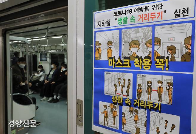 대중교통 ‘생활속 거리두기’ 방안 시행을 하루 앞둔 지난달 12일 서울 지하철 3호선 종로3가역에 안내 포스터가 붙어있다. 사진.이준헌 기자