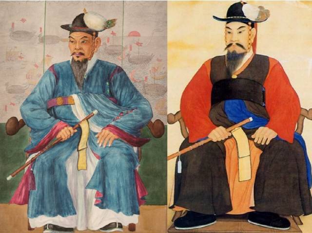 영국 화가 엘리자베스 키스가 그린 이순신 장군 추정 초상화(왼쪽)와 청전 이상범 화백이 그린 충무공 이순신 영정(오른쪽.)/엘리자베스 키스 그림 제공=책과함께