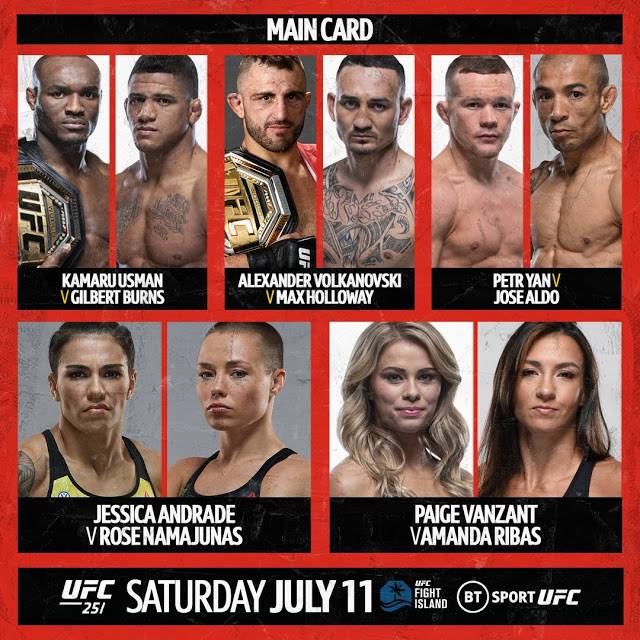 ▲ 영국 BT 스포츠가 제작한 UFC 251 메인 카드 라인업 그래픽. UFC 250의 아쉬움이 싹 사라지는 매치업들이다.