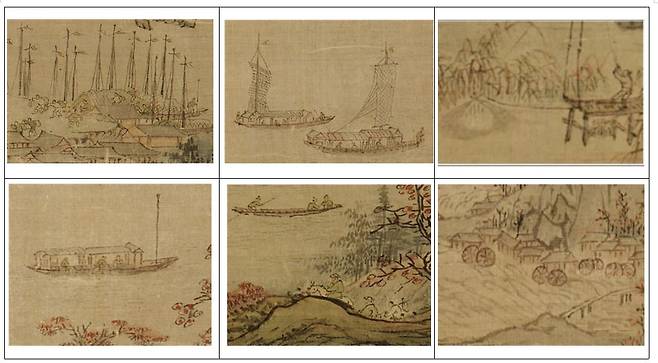 어부가 그물을 끌어올리고 강을 통해 운반된 물품들을 실어나르는 강변 포구의 모습이다. 연구자들은 18세기초 대동법의 확대실시로 한강 포구를 통해 서울로 들어오는 물류가 급증했고, 그에따라 서울에 다양한 물화가 넘쳐났다는 점에 착안해서 ‘강산무진도’가 18~19세기 한강변을 그린 것이 아니냐고 해석하기도 한다. |국립중앙박물관 제공