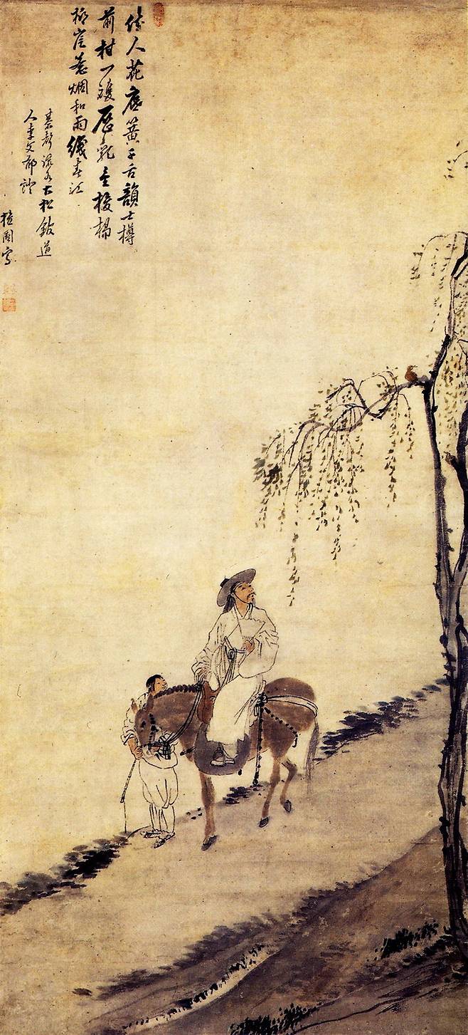 단원 김홍도의 ‘마상청앵도’. 말 탄 선비가 버드나무 위에서 노니는 꾀꼬리 한쌍에 넋을 잃는 모습을 그린 마상청앵도’에는 ‘이인문이 증명하다’(李文郁證)는 내용과 함께 시 한편이 실려있다. ‘아름다운 여인이 꽃밭 아래서 천가지 목소리로 생황을 부나(佳人花底簧千舌)’라고 시작되는 시이다.|간송미술관 소장