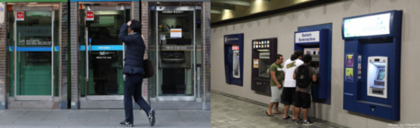 전면접근형 ATM(왼쪽)과 측면접근형 ATM(오른쪽). 전면으로만 접근해야 하는 ATM보다 측면접근형 ATM이 휠체어 장애인들의 선호가 높다. /사진제공=금융위원회·은행연합회