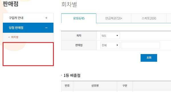 동행복권이 역대 1·2등 배출점 로또 명당 정보를 없앴다. 당초에는 빨간색 네모에 '역대 1등 배출점'과 '역대 2등 배출점' 클릭하면 관련 순위를 확인할 수 있었다. 하지만 18일 기획재정부가 공공데이터로 개방한 '온라인 복권 자동번호 당첨 판매점 현황'이 공개된 같은 날 관련 정보가 홈페이지에서 사라졌다. /동행복권 캡처